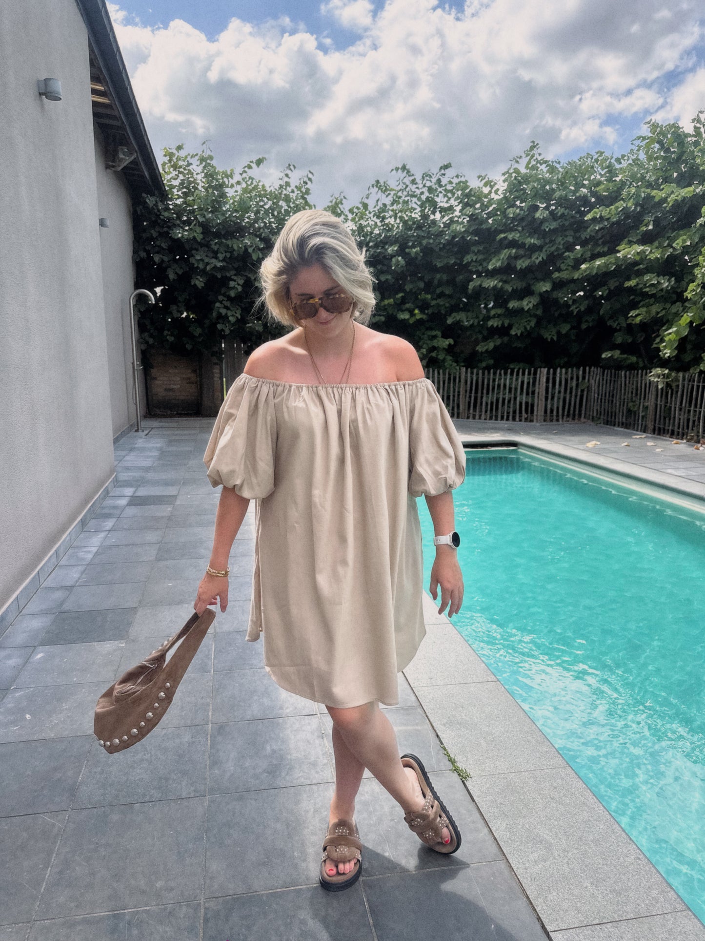 HARPER OFF SHOULDER DRESS BEIGE