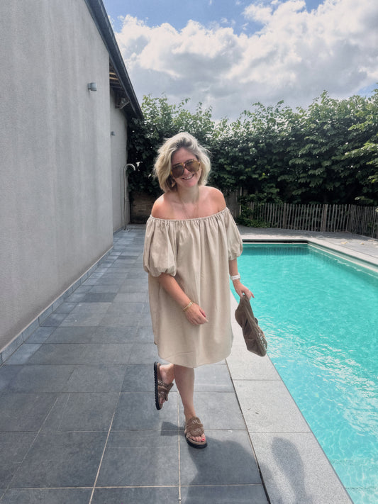 HARPER OFF SHOULDER DRESS BEIGE