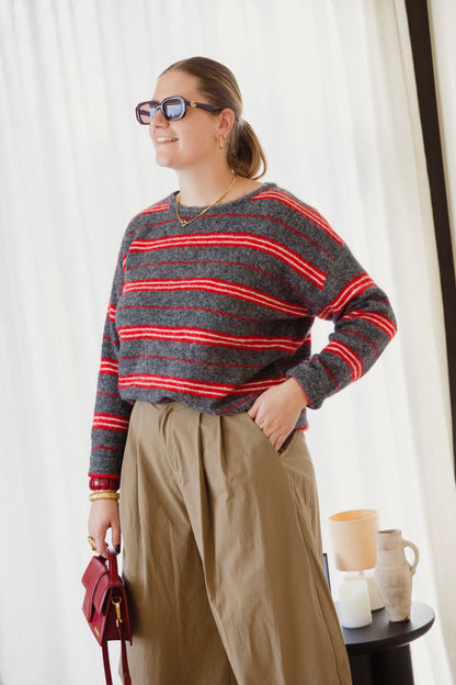 ABBY STRIPED KNIT RED/GREY