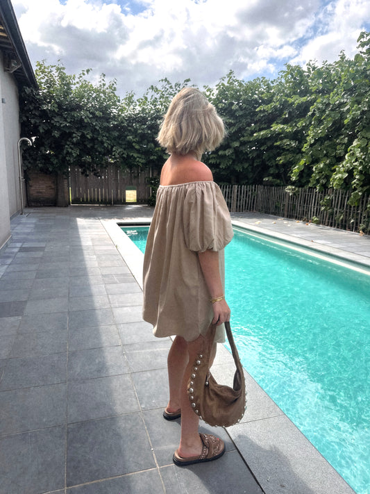 HARPER OFF SHOULDER DRESS BEIGE