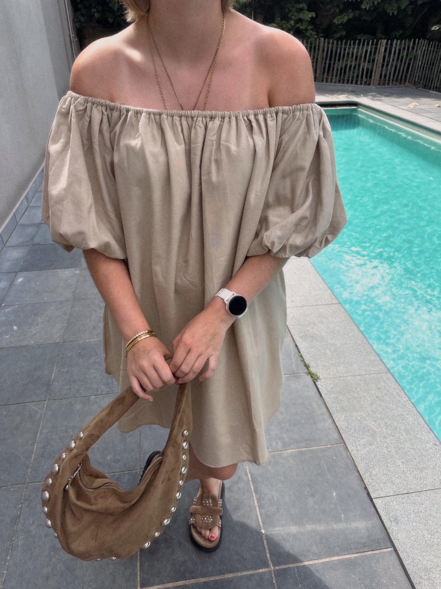 HARPER OFF SHOULDER DRESS BEIGE