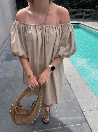 HARPER OFF SHOULDER DRESS BEIGE